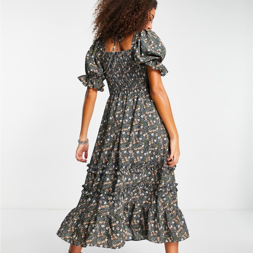 Topshop Floral Puff Sleeve Midi Dress